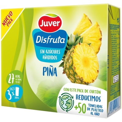 Pacote de sumo de ananás Juver Disfruta sem açúcares adicionados com imagens de ananás