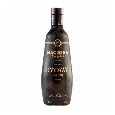 Garrafa preta de licor Macieira Cream Five Star com detalhes dourados