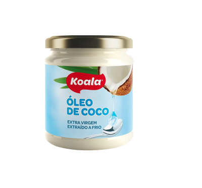 Frasco de óleo de coco Koala com rótulo azul e tampa dourada