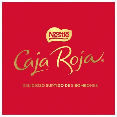 Caixa de bombons Nestlé Caja Roja com texto dourado em fundo vermelho