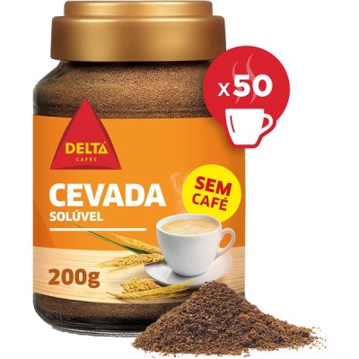 Frasco de cevada solúvel Delta Cafés 200g com rótulo laranja e amarelo e tampa dourada