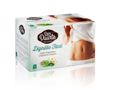 Embalagem branca do produto Dom Duarte Digestão Fácil com imagem de mulher e ilustração de ervas