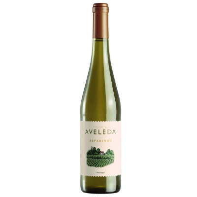 Garrafa de vinho branco Aveleda Alvarinho com rótulo branco e imagem de vinhas