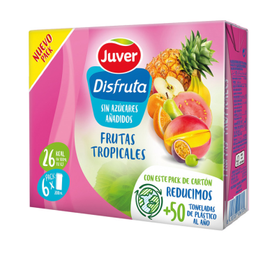 Pacote rosa de sumo Juver Disfruta Frutas Tropicais com imagens de frutas e texto em espanhol.