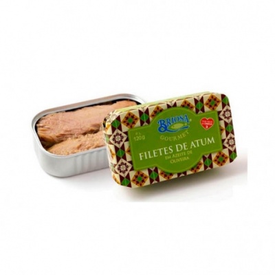 Lata metálica aberta de filetes de atum em azeite de oliva Brisa Gourmet