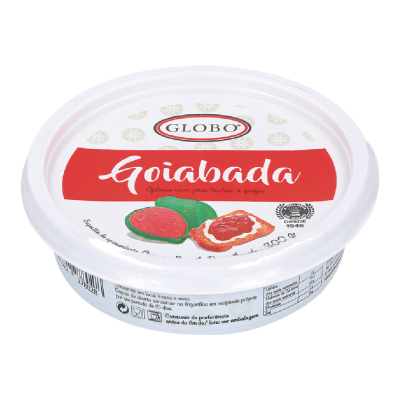 Pote plástico branco redondo com tampa e rótulo vermelho de Goiabada da marca Globo, 300g.