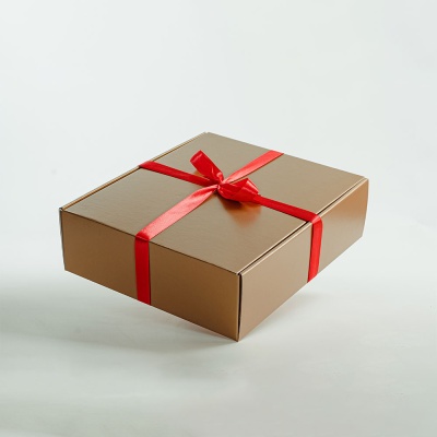 Caixa castanha com fita vermelha em fundo branco