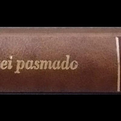 Lombada de livro em couro castanho com título e autor em dourado