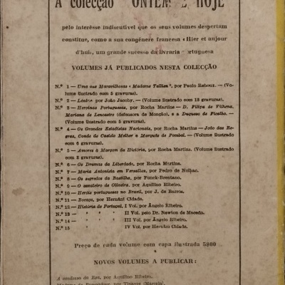 Capa traseira de livro antigo com texto descritivo da coleção ONTEM E HOJE