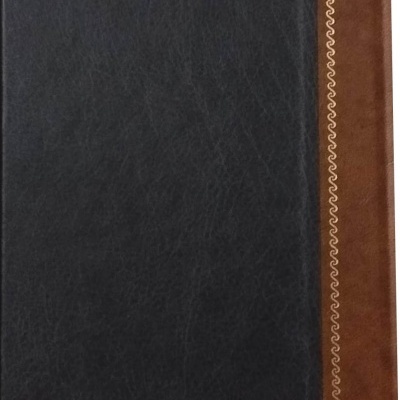 Livro capa dura preto e castanho com detalhes dourados