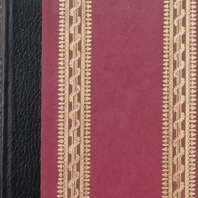 Capa de livro bordeaux com lombada preta e decoração dourada