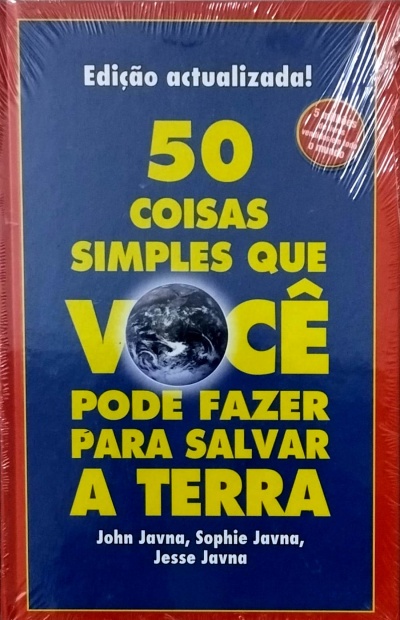 Livro azul e vermelho 50 COISAS SIMPLES QUE VOCÊ PODE FAZER PARA SALVAR A TERRA com imagem da Terra