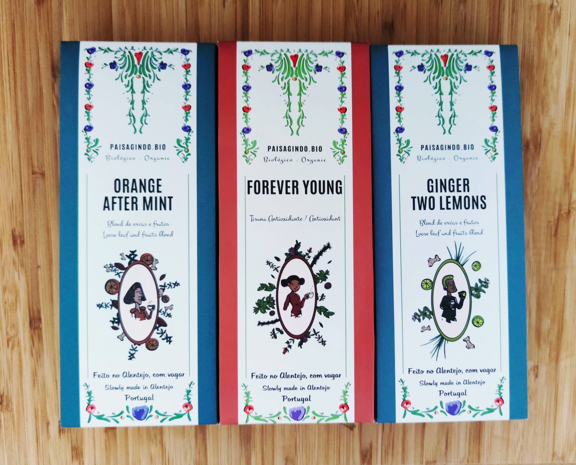 Pack 3 Blends & Tisanas "FEELING GOOD" 😊😎🤗 três barras de chocolate Passibimbo Bio em embalagens coloridas com ilustrações florais