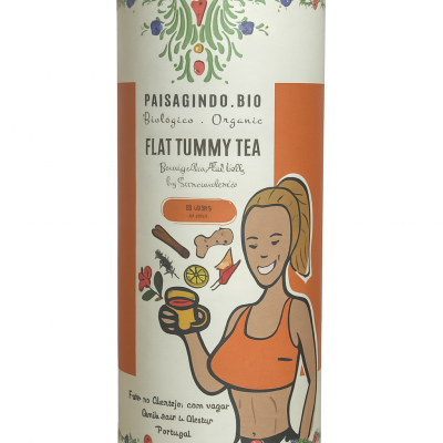 Embalagem cilíndrica de chá Flat Tummy Tea com design floral e ilustração de mulher a segurar chá