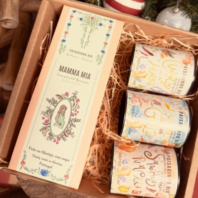 Caixa de presente com embalagem de Mamma Mia Paisanino Bio e três latas decoradas, sobre superfície de madeira com enfeites natalícios