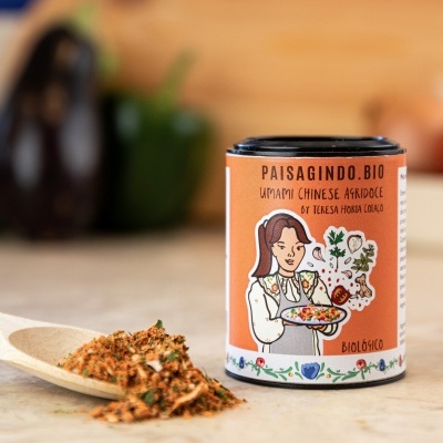 Lata de temperos PAISAGINDO.BIO com rótulo laranja e colher de madeira com temperos na bancada