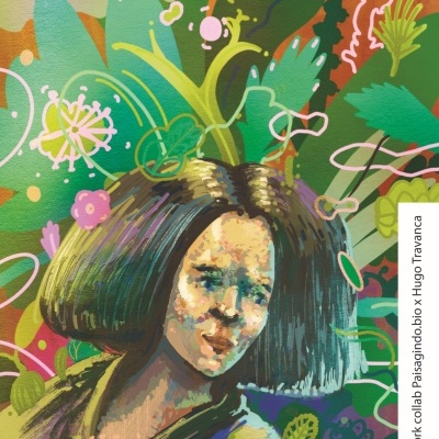 Mural colorido com figura feminina e desenhos de folhas e formas orgânicas