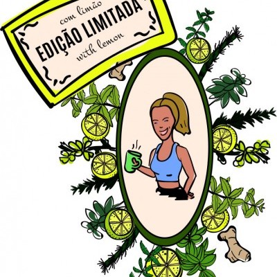 Ilustração de mulher com chávena e limões ao redor, texto EDIÇÃO LIMITADA e Feito no Alentejo