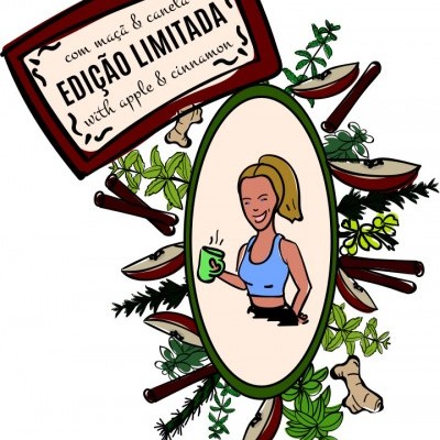 Ilustração de elementos naturais com selo oval mostrando mulher loira e texto promocional