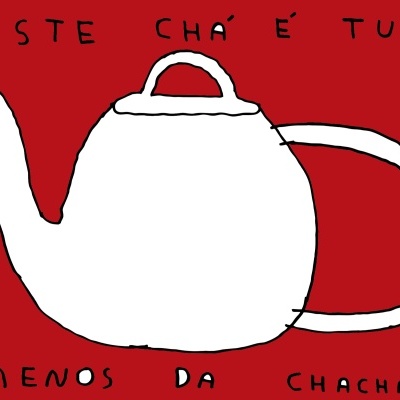 Desenho de um bule de chá branco com texto em fundo vermelho