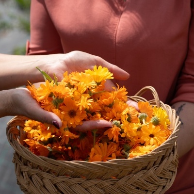 Cesto com flores amarelas e laranjas segurado por duas pessoas.