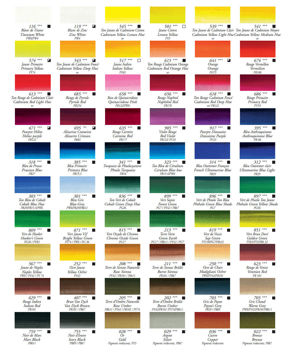 Oleo Rive Gauche - 200ml Tabela de cores de tintas com 54 amostras quadradas variadas, cada uma com código e nome, em fundo branco.