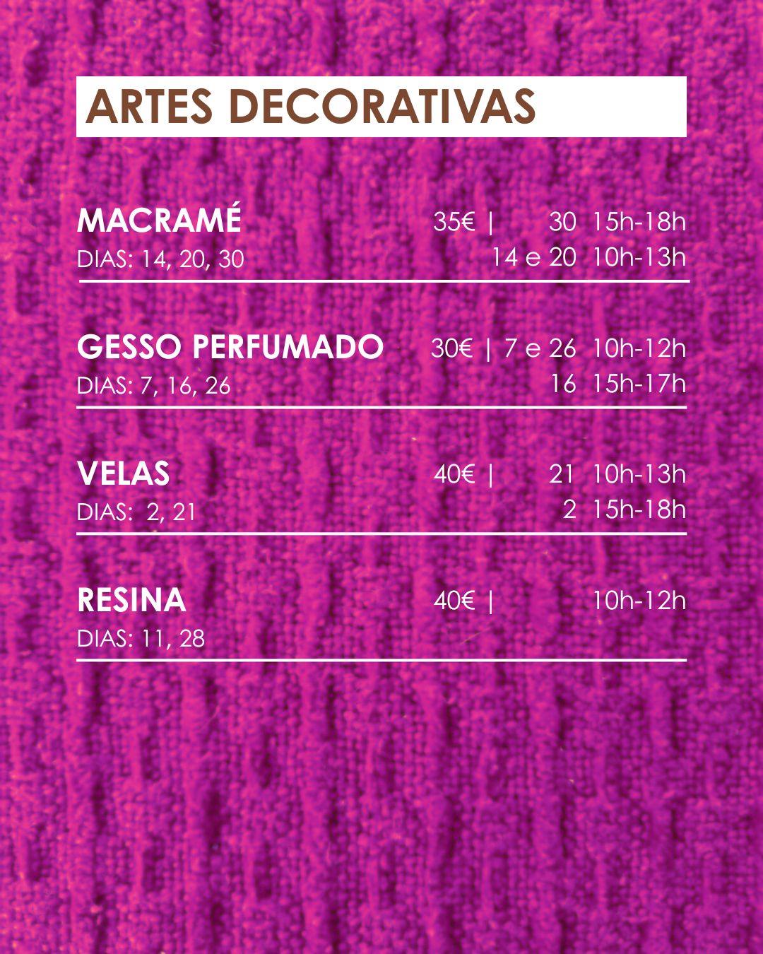 Workshops Março 2026 Lista de artes decorativas com preços e horários em fundo roxo texturizado.