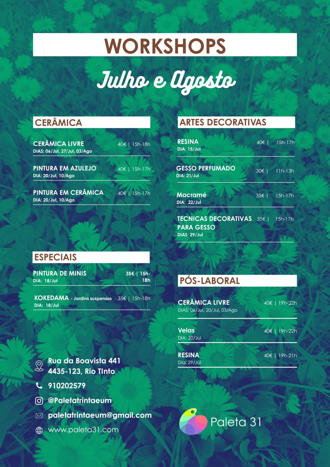 Workshops Junho e Agosto de 2026 Cartaz com lista de workshops de cerâmica e artes decorativas para julho e agosto com fundo de flores verdes.