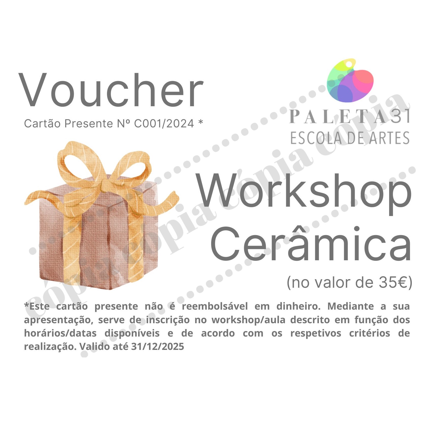 Voucher Workshop Voucher workshop cerâmica com cartão presente e imagem de presente com laço dourado