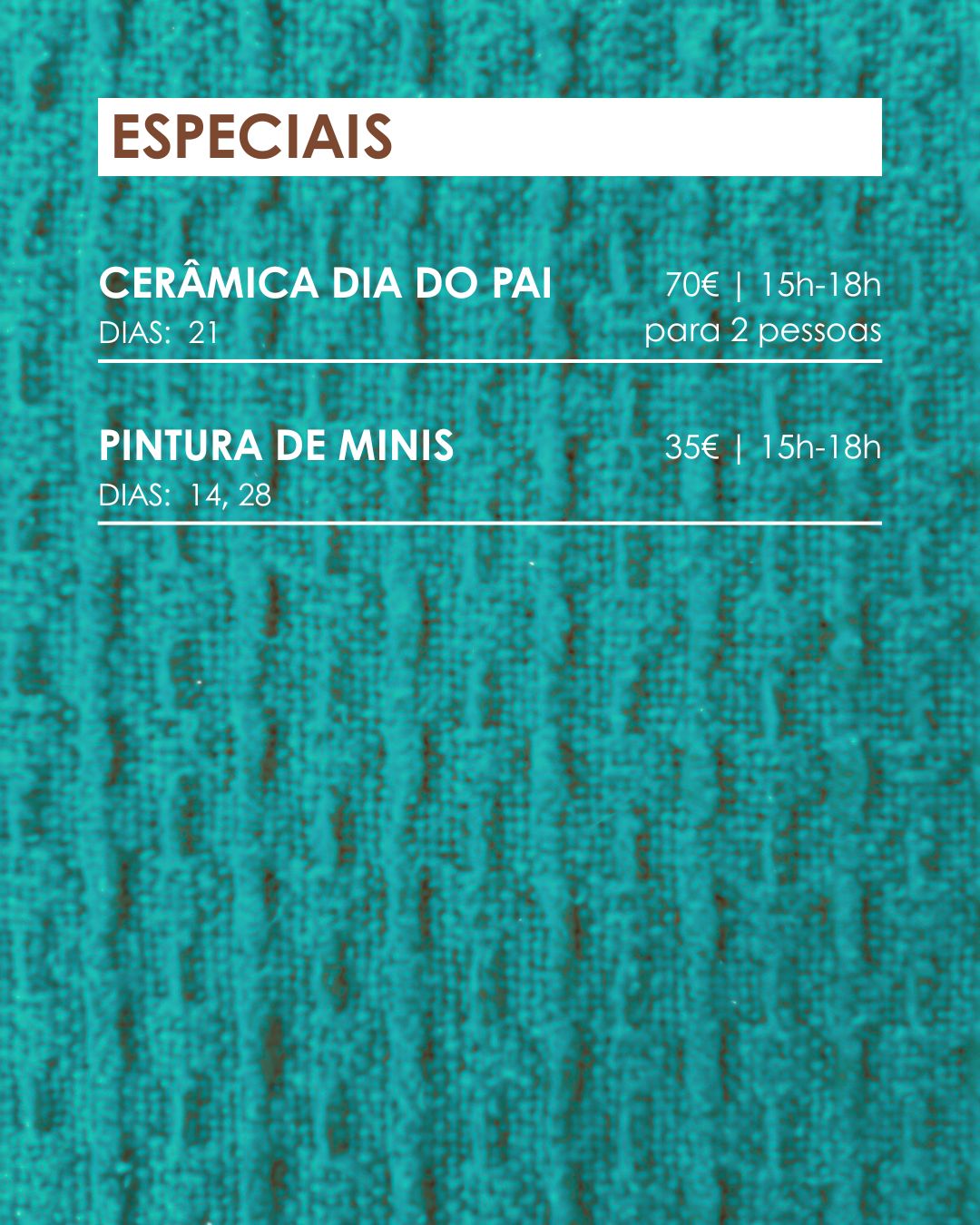 Workshops Março 2026 Texto de especiais, cerâmica dia do pai e pintura de minis, com detalhes de preços e datas sobre fundo azul texturizado.