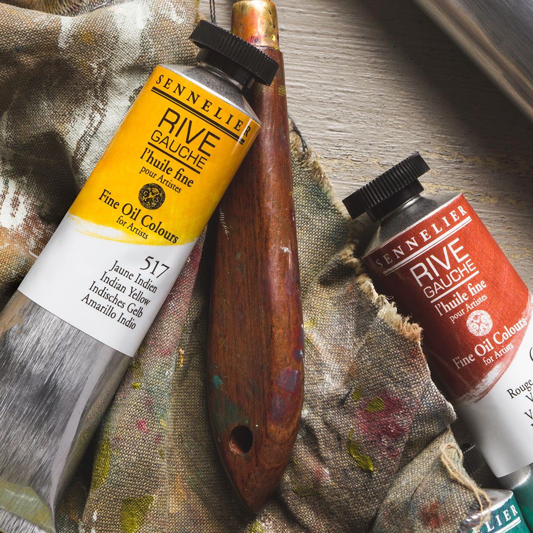 Oleo Rive Gauche - 200ml tubos de tinta SENNELIER RIVE GAUCHE amarelo e vermelho com espátula de madeira e pano manchado