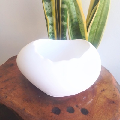 Vaso branco de cerâmica com bordas onduladas em madeira com planta verde ao fundo