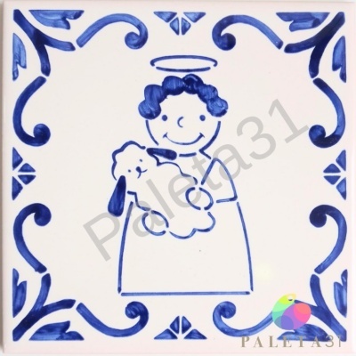 Azulejo cerâmico branco com desenho azul de figura infantil com cordeiro e moldura decorativa