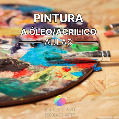 Paleta de pintura com tintas coloridas e pincel azul, texto sobre aulas de pintura a óleo/acrílico