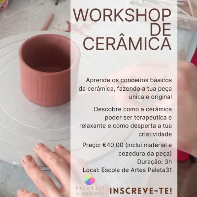 Taça de cerâmica terracota em roda de oleiro com texto de workshop de cerâmica em português