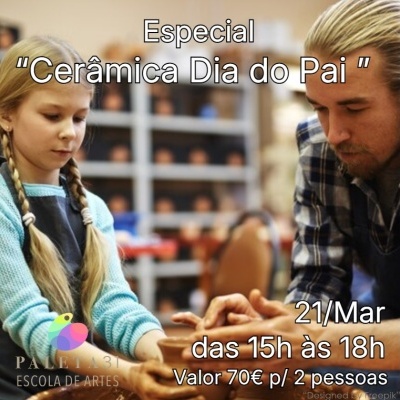 Homem e criança em oficina de cerâmica com texto promocional para Dia do Pai na escola de artes