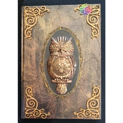 Livro com capa em couro sintético castanho e relevo de coruja metálica