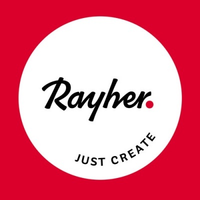 Logótipo Rayher em círculo branco sobre fundo vermelho com texto preto