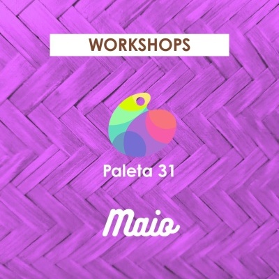 Fundo de madeira trançada lilás com texto de workshops e logotipo colorido Paleta 31