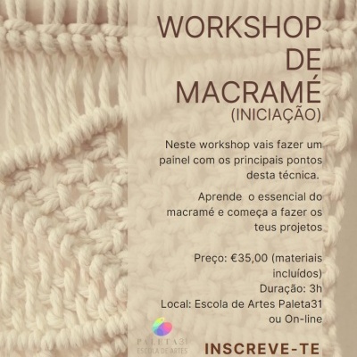 Cartaz promocional para workshop de macramé com texto e detalhes em macramé de algodão cru