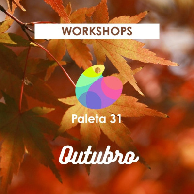 Folhas de outono laranja e vermelho com texto sobreposto de workshops em outubro