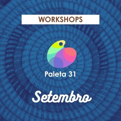 Imagem de fundo azul com padrão circular e texto workshops Paleta 31 Setembro com logo colorido