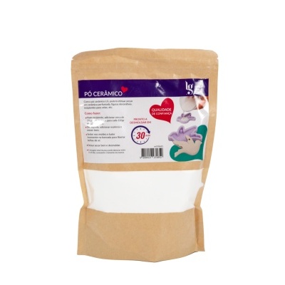 Embalagem de pó cerâmico em saco de papel kraft e plástico transparente com rótulo colorido