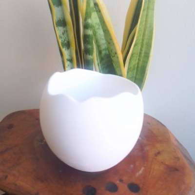 Vaso branco de cerâmica com borda irregular sobre mesa de madeira com planta ao fundo