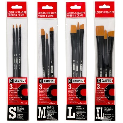 Conjuntos de pincéis de decoração CAMPUS em embalagens plásticas com topo vermelho e branco.