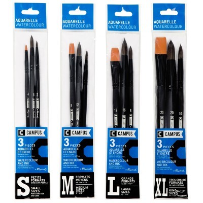 Conjuntos de pincéis Campus para aguarela em quatro tamanhos diferentes, embalagens com cabeçalho azul