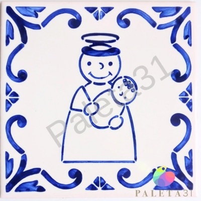 Azulejo branco com desenho azul de anjo e bebé com bordas decorativas