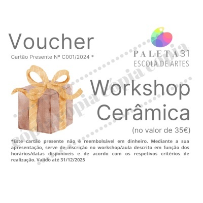 Voucher workshop cerâmica com cartão presente e imagem de presente com laço dourado