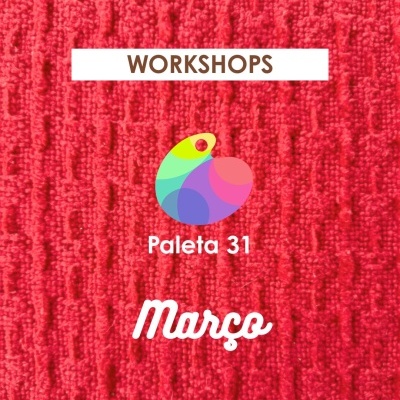 Fundo vermelho com textura e texto WORKSHOPS Paleta 31 Março e logo colorido