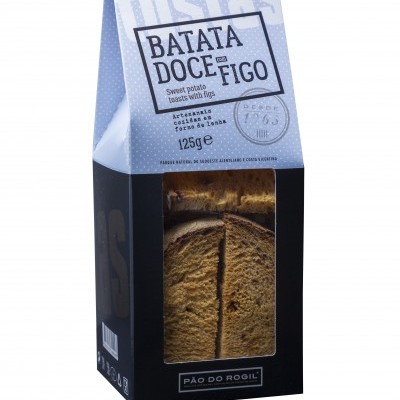 Embalagem de pão artesanal com batata doce e figo, 125g, com janela transparente